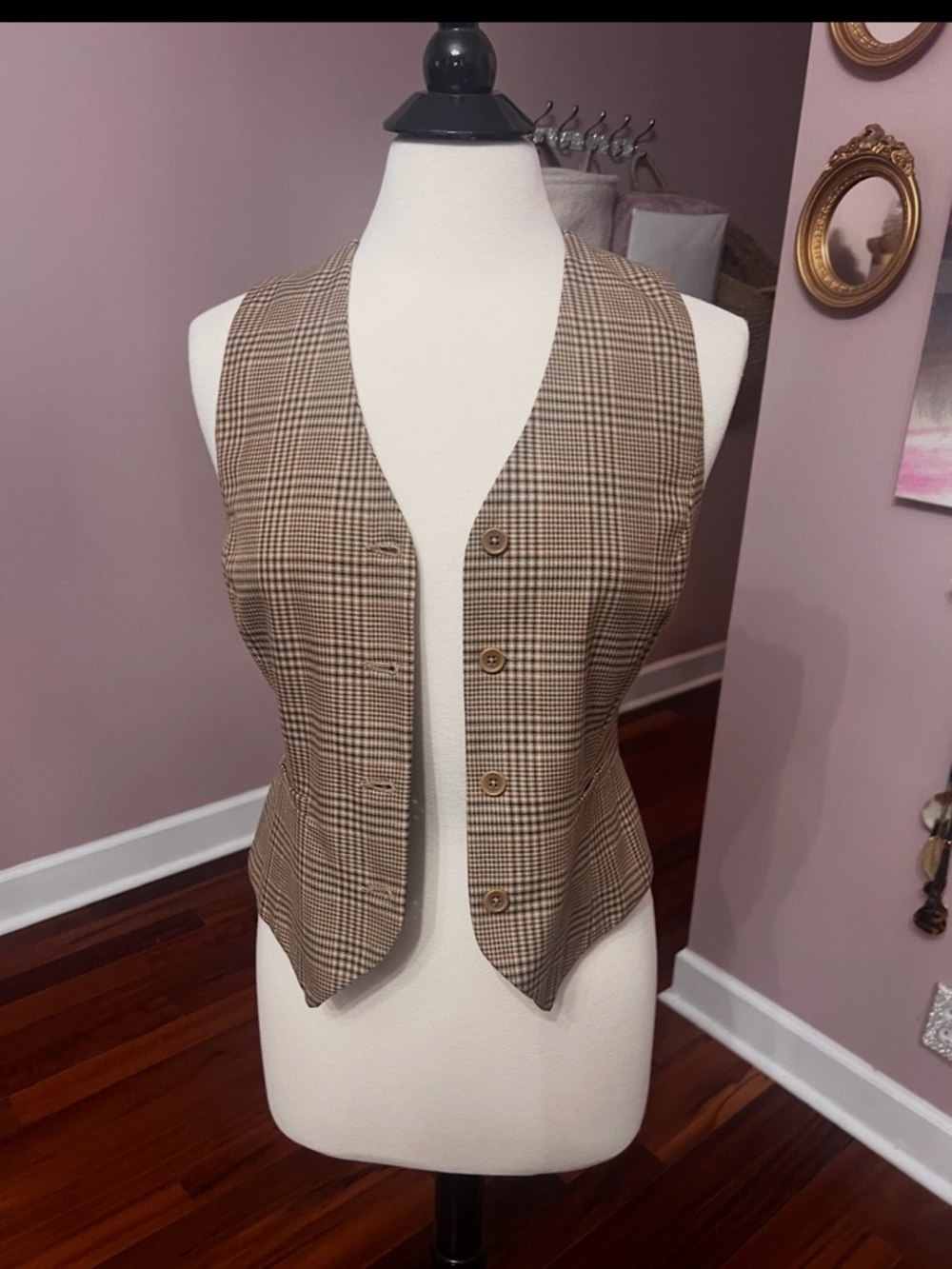 Ann Taylor LOFT Houndstooth Vest Size 2 Brown Plaid Button Front Tailored